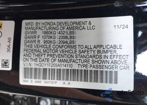 2025 Honda Accord Lx z USA, uszkodzony, nr VIN 1HGCY1F25SA014110